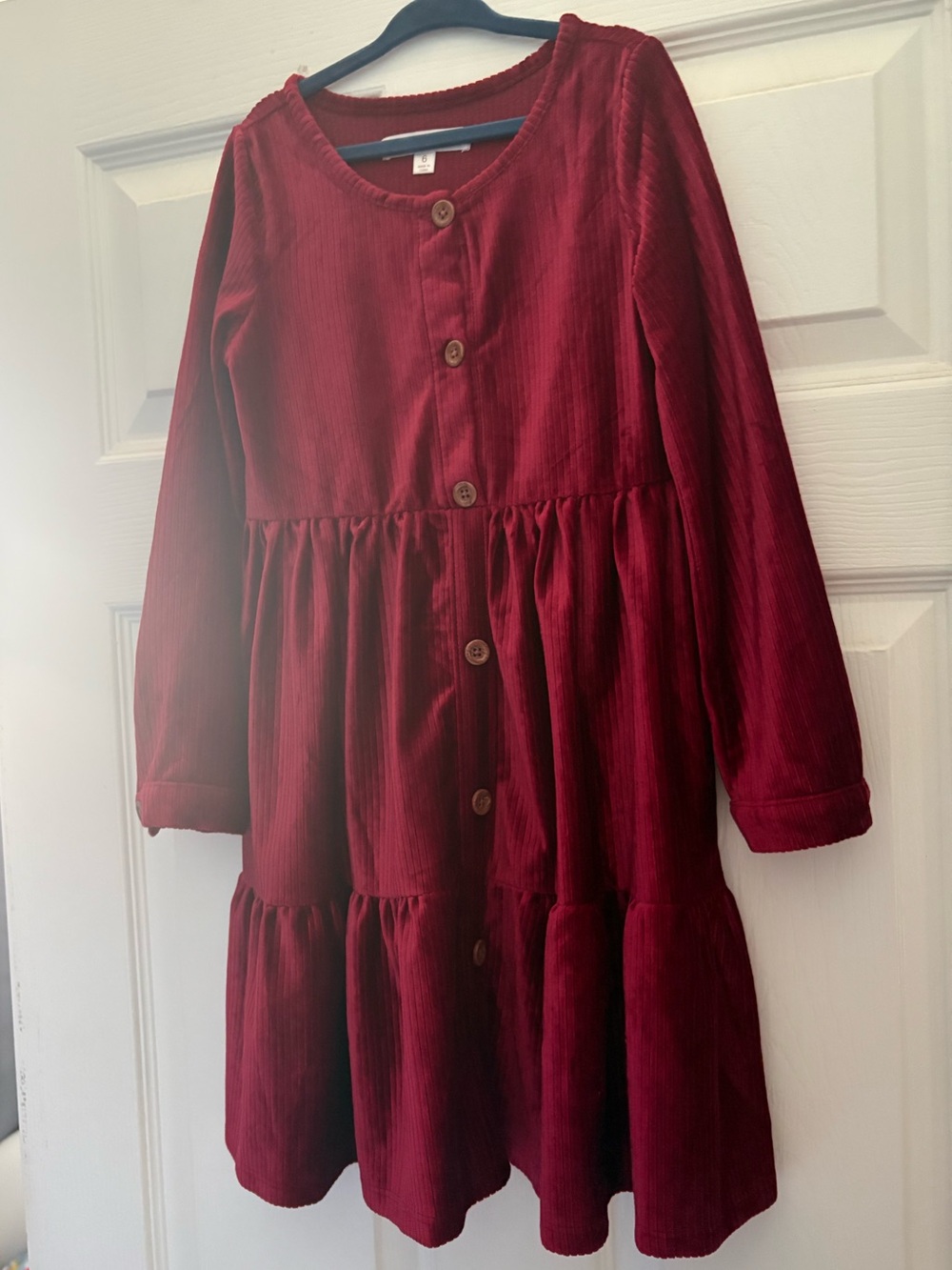 Biscotti Deep Red Corduroy Button-Front Tiered Dress